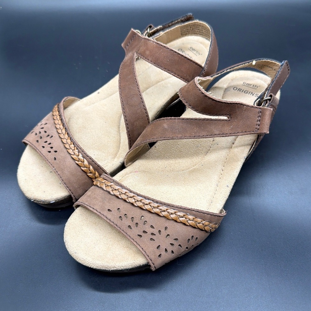 Earth Originsโ Kendra Karla Bark Brown Leather Wedge Sandals Womens 8.5M 2019S